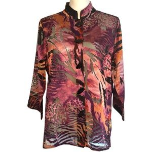 Drapers & Damons Womens Mandarin Collar Sheer Blouse Button Front‎ Animal Print
